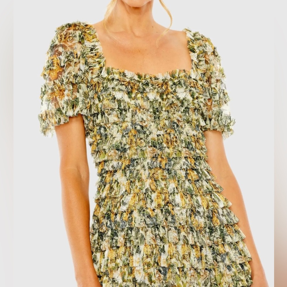 MAC DUGGAL women’s Multicolor Short Sleeve Micro Ruffle Tea Length Dress #8232 - Picture 2 of 13